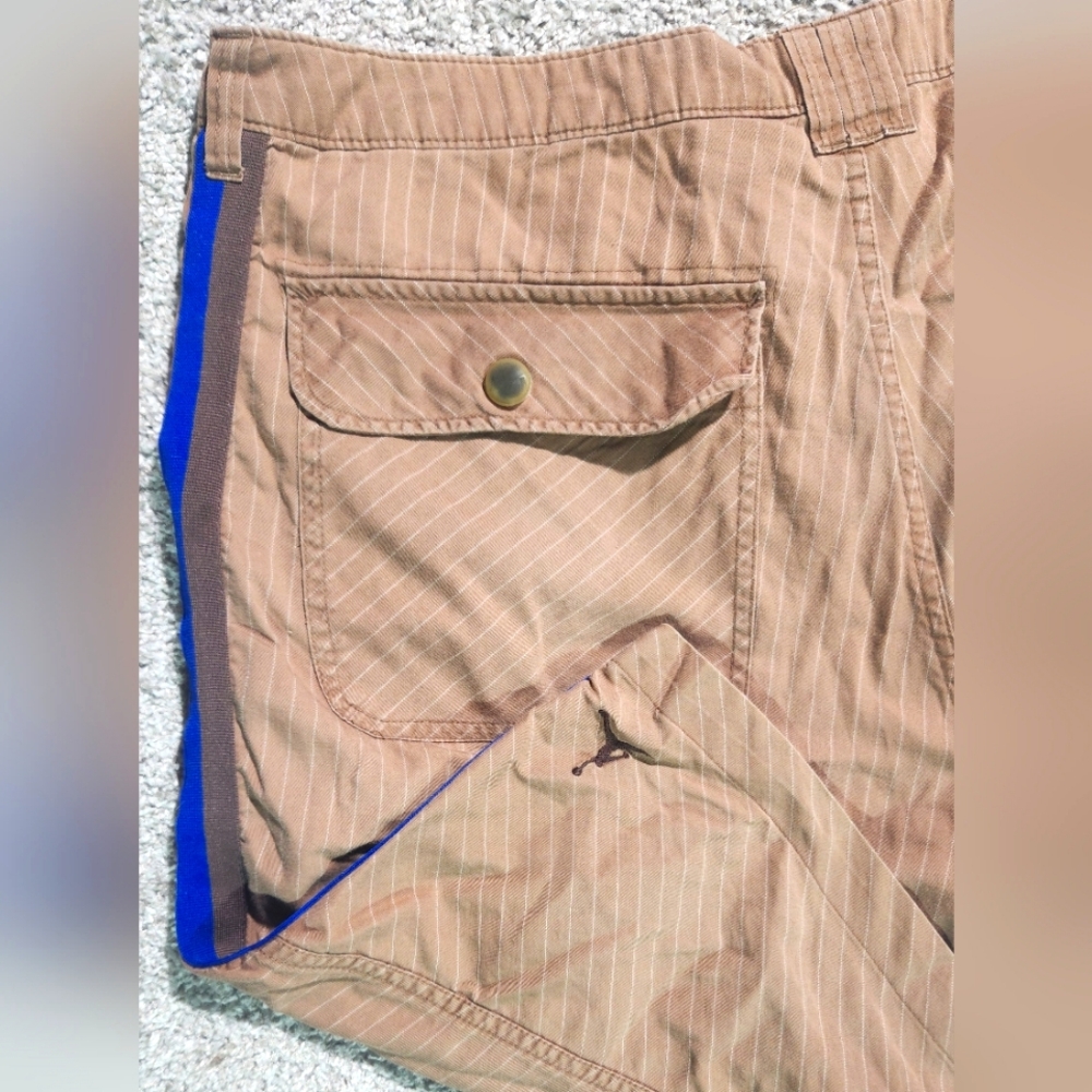 Men's Tan Pinstripe Casual Shorts with Blue Trim